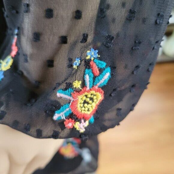 Japna Dress Black Embroidered Floral lined chiffon long sheer sleeves Medium EUC - Picture 11 of 14